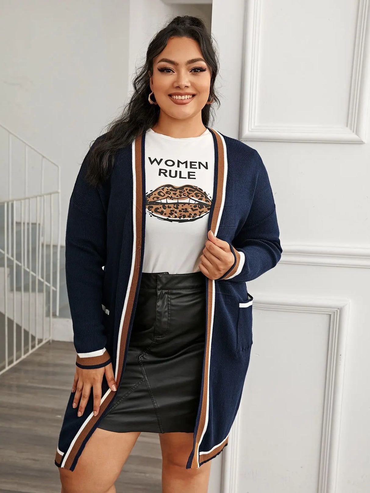 Plus Size Knitted Autumn Winter Striped Print Cardigan