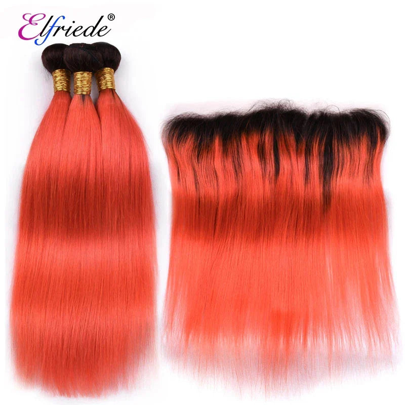 Elfriede 1BOrange Red Straight Ombre Colored Hair Bundles
