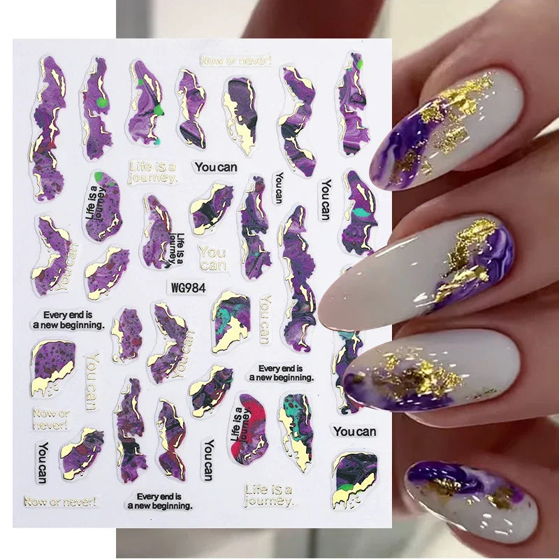Purple Marble Nails Stickers Smoke Design Manicure Decals