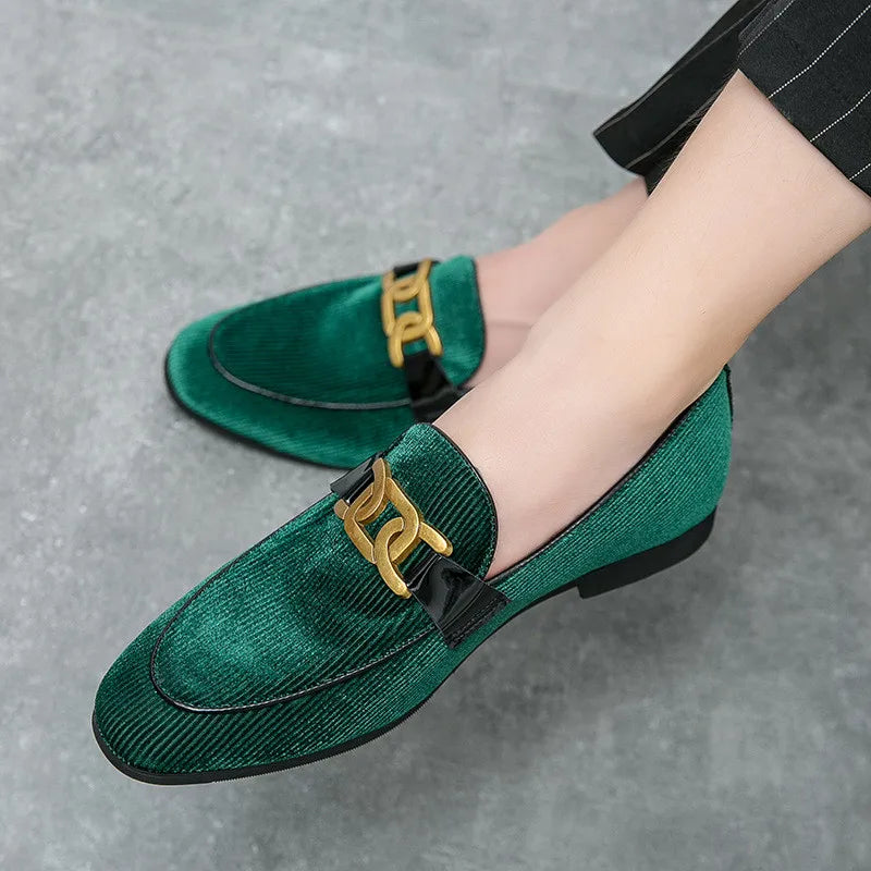 New Men Black Green Metal Buckle Corduroy Oxfords