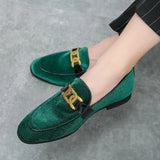 New Men Black Green Metal Buckle Corduroy Oxfords