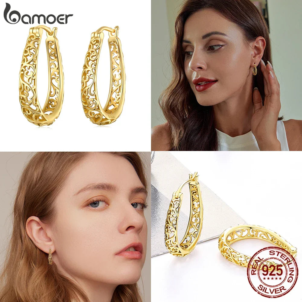 BAMOER 18K Gold Plated Filigree Hoop Earrings 925