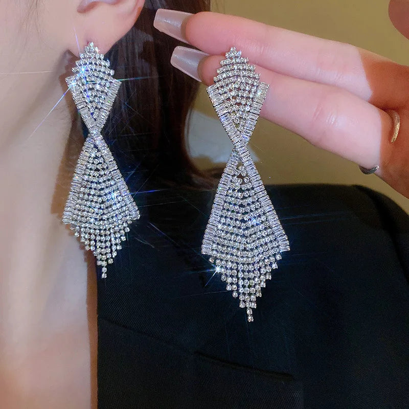 Fashion Statement Earring Long Full Rhinestone Big Earrings