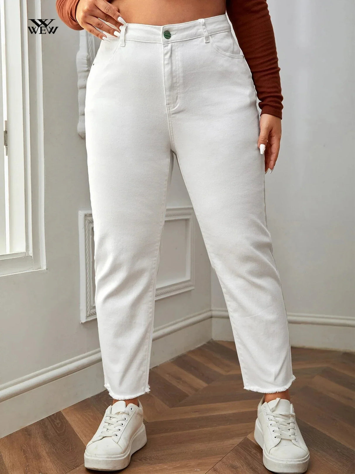 2023 Plus Size White Jeans for Women Straight