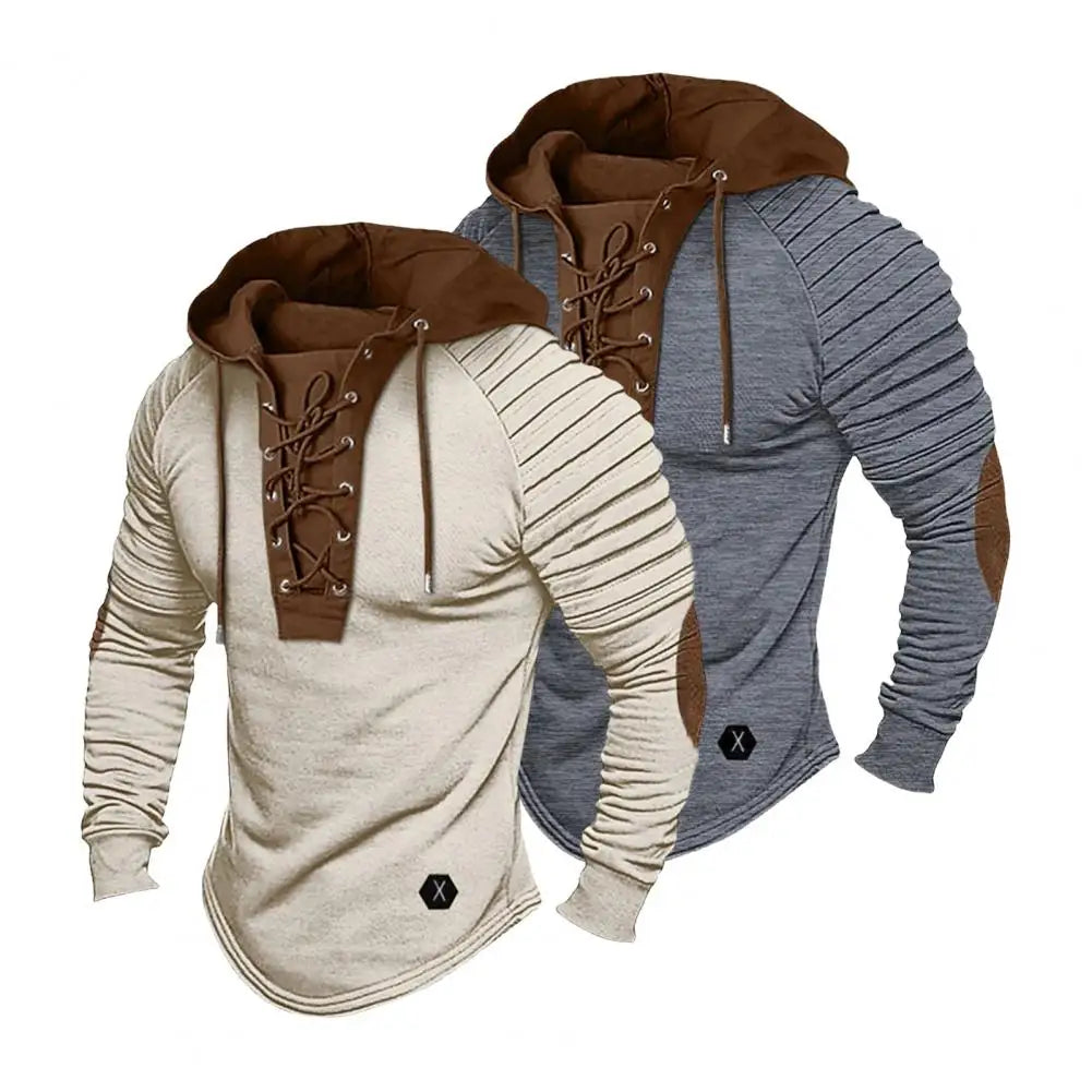 Men Hooded Sweatshirt Vintage Lace-up Drawstring Men's Hoodie