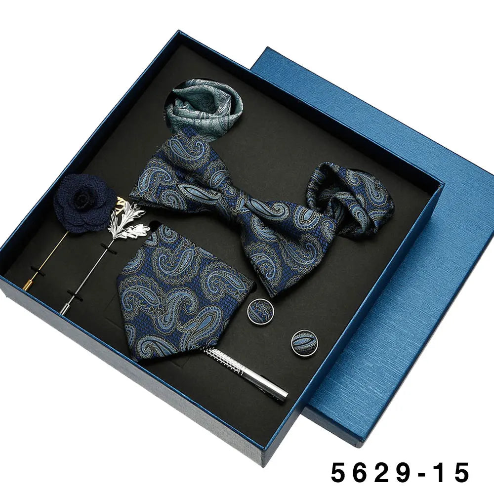 Black Mens Neck Tie Gift Set Bowtie Pocket