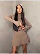 Ribbed Knitted Long Flare Sleeved Mini Dress Half