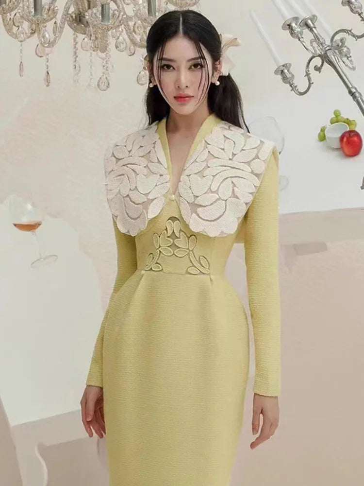 DEAT Elegant Dress Tweed Vneck High Waist Embroidery