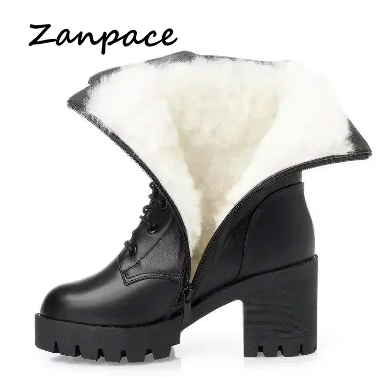 2023 Winter Leather Women Winter Boots Thick Wool