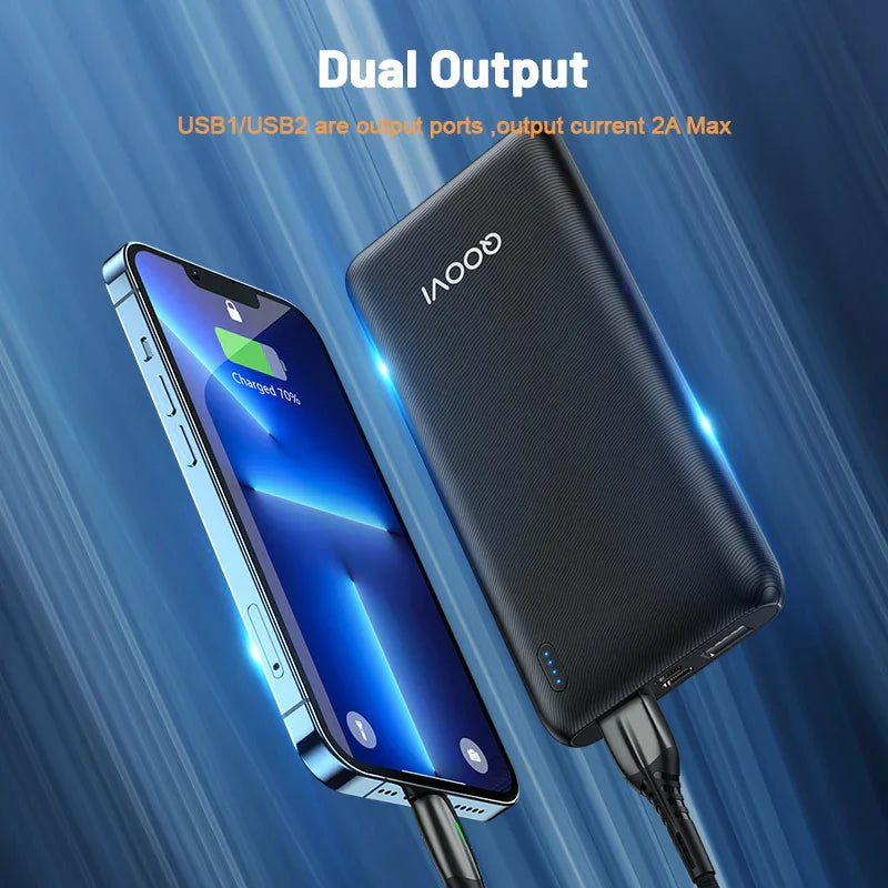 QOOVI 10000mAh Power Bank Ultra-thin Portable Charger For