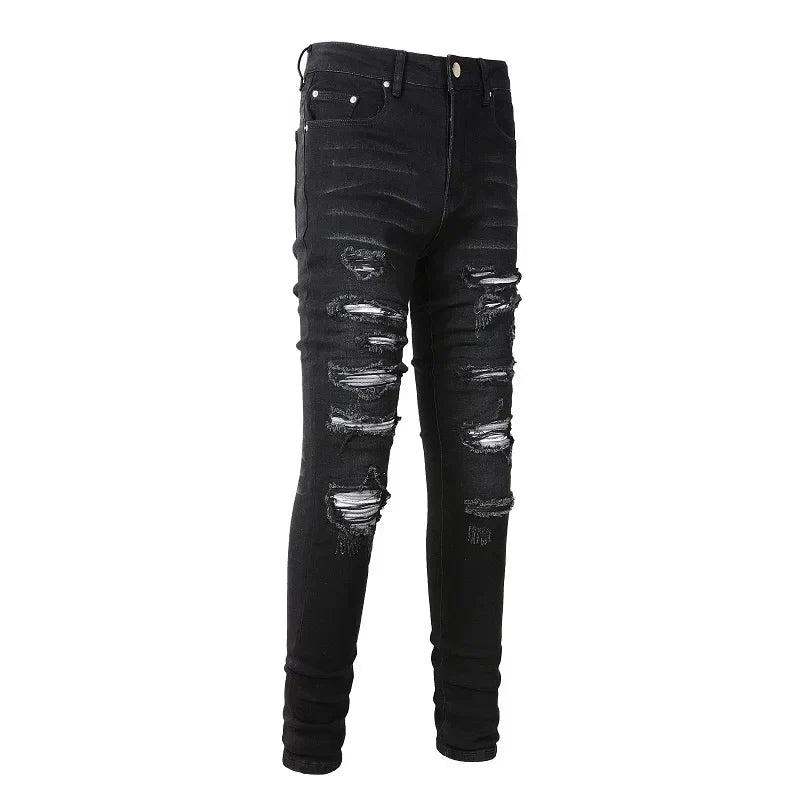 Men Pleated Patch Biker Jeans Streetwear Skinny Tapered