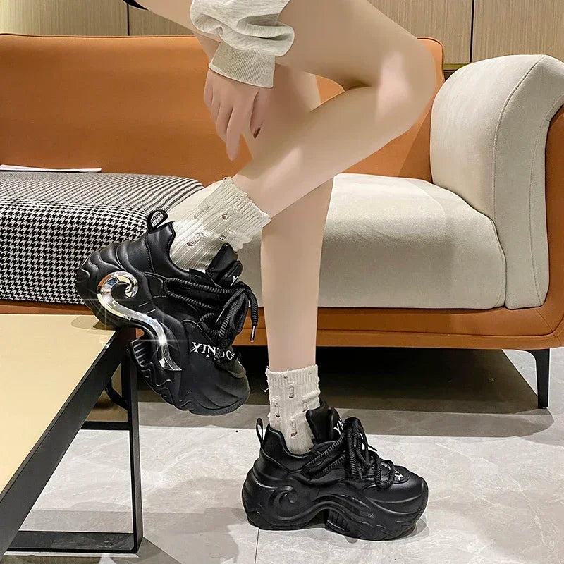 Bling Women High Platform Casual Leather Shoes 2023 New Autumn Lace-up Chunky Sneakers Wedges Hidden Heels Leisure Shoes Woman