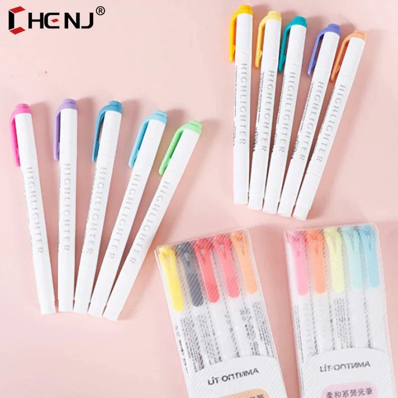5 Colors/box Double Headed Highlighter Pen Set Fluorescent