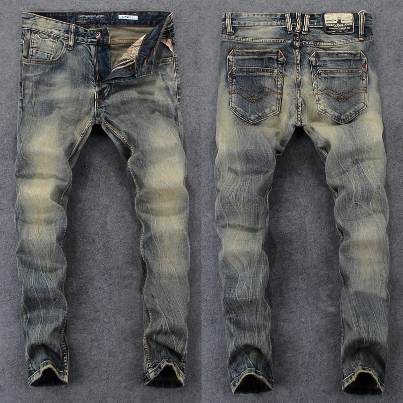 Newly Vintage Fashion Men Jeans Retro Washed Elastic