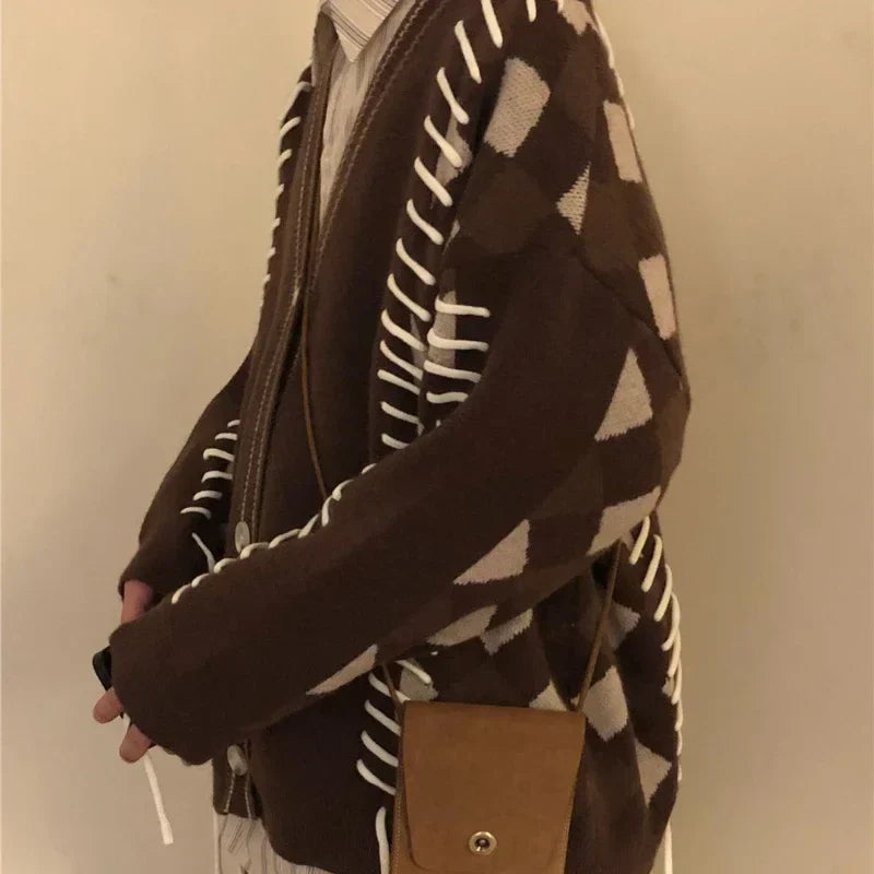 Men Casual Sweater Set Vintage Checkerboard Cardigan+Striped Long