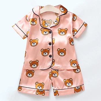 Toddler Girls Silk Satin Pajamas Sets Cartoon Kids
