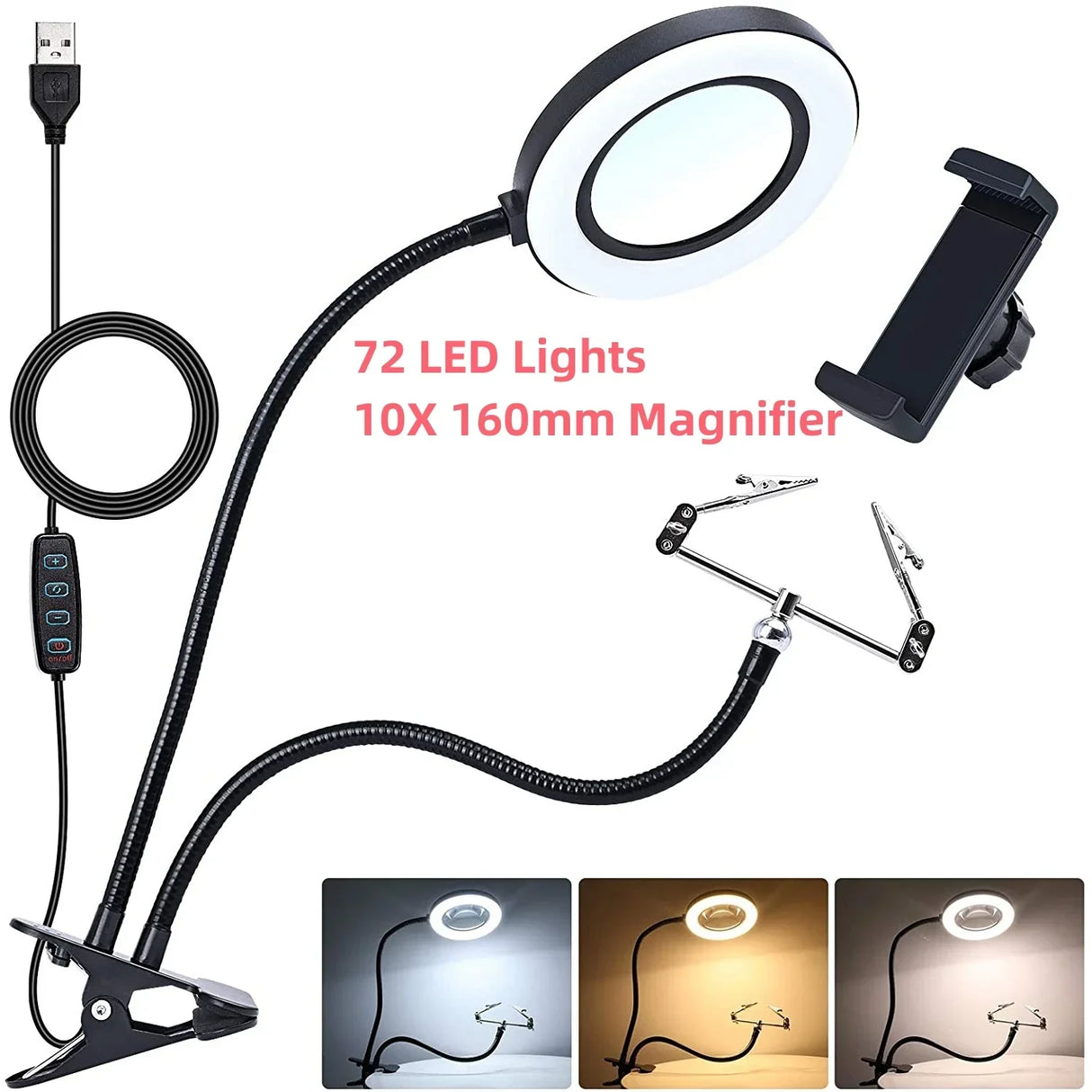 72LED 10X NEW Illuminated Magnifier USB 3 Colors