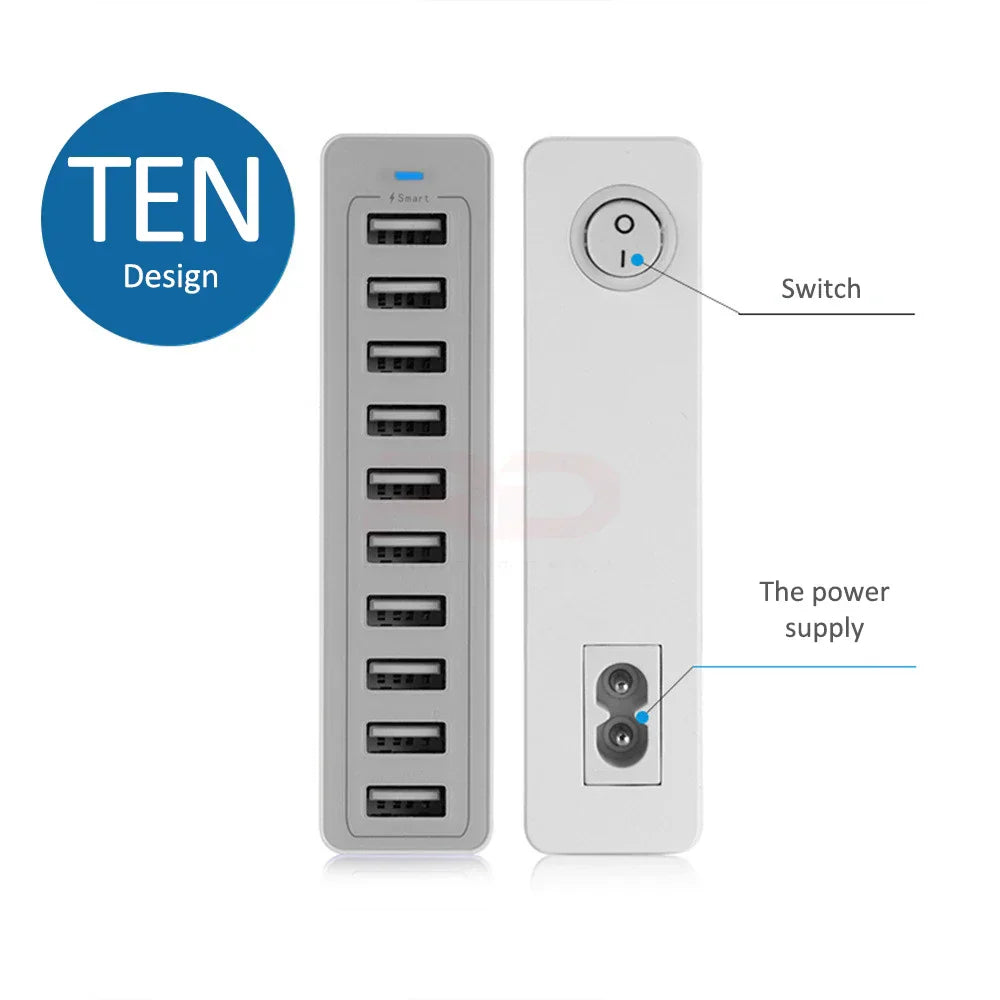 60W 10Port USB Charger for iPhone iPad Kindle