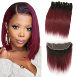 Ombre Burgundy Red Brazilian Straight Bundles with Frontal