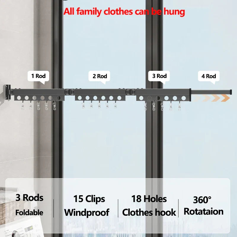 Extendable Clothesline Retractable Clothes Hanger Rack Folding Wall
