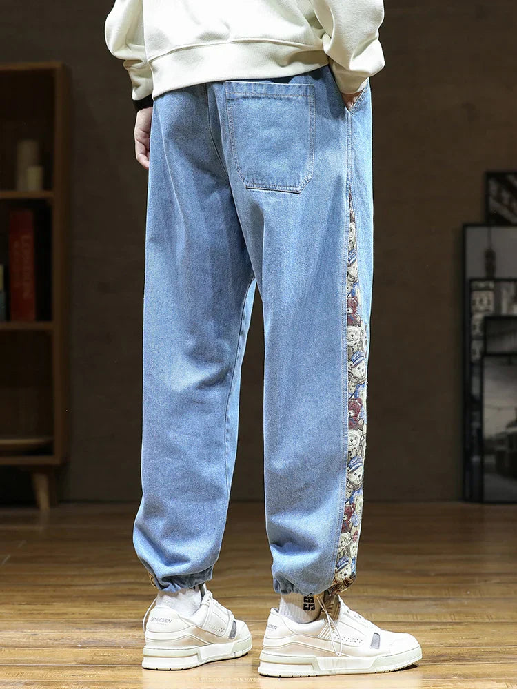 Spring Autumn Men's Straight Jeans Fashion Bear Patchwork