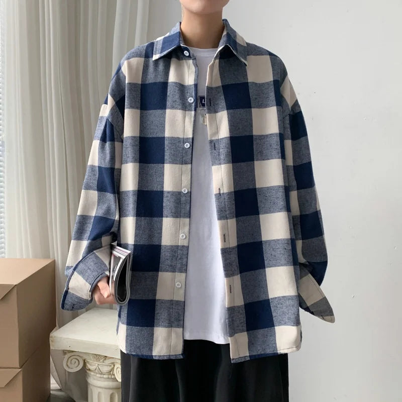 Long-sleeved plaid shirt men's spring Korean style trendy