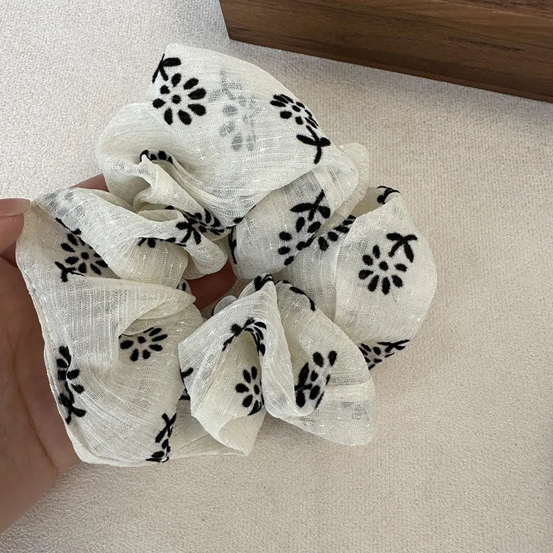 New Vintage Scrunchies Black White Flower Print Hair