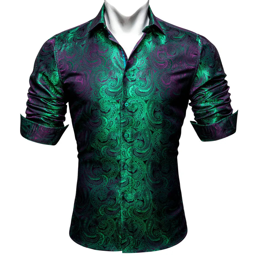 Luxury Silk Shirts for Men Green Paisley Long