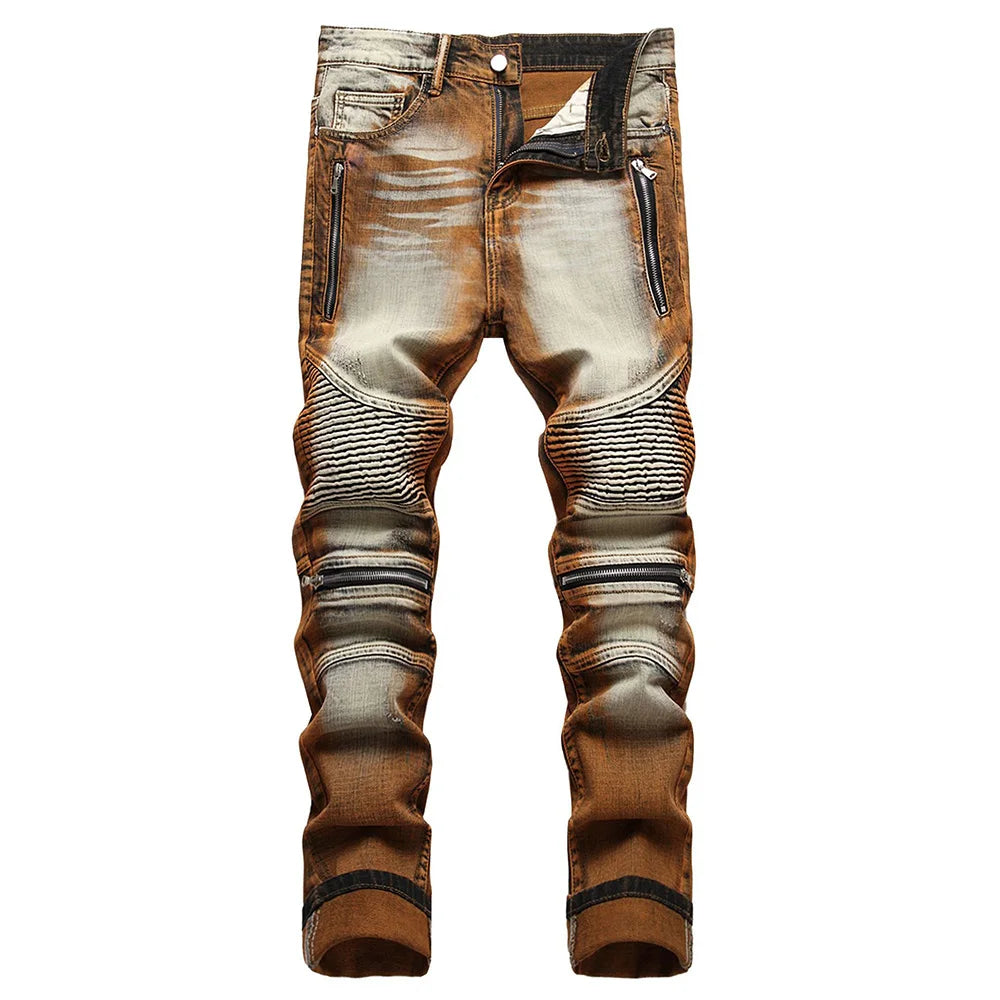 Men Stretch Denim Biker Jeans Streetwear Zippers Pleated