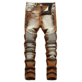 Men Stretch Denim Biker Jeans Streetwear Zippers Pleated