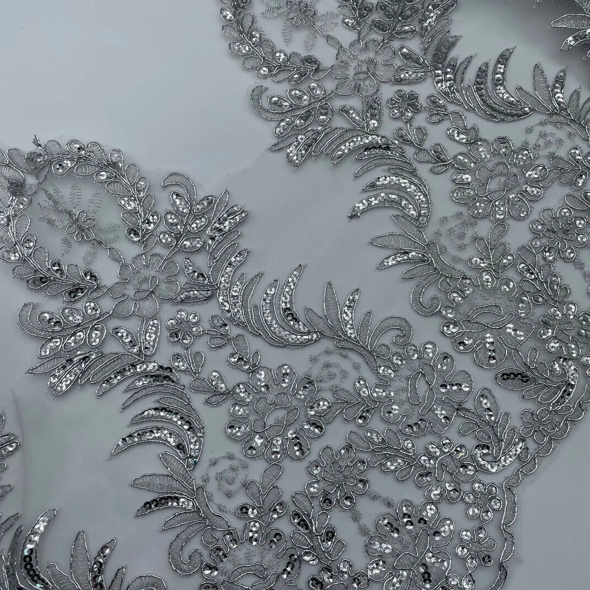 Delicate 1Yard Silver Sequin Cording Fabric Flower Venise