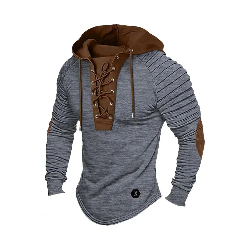 Men Hooded Sweatshirt Vintage Lace-up Drawstring Men's Hoodie