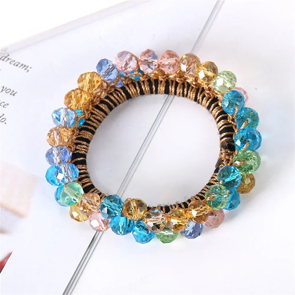 1pc Women Crystal Pearls Hair Rope Handmade Elastic