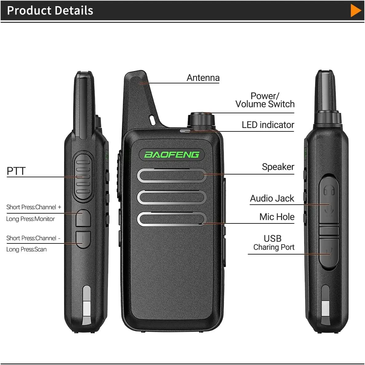 2PCS Baofeng BF-T20 5W Portable Mini Walkie Talkie