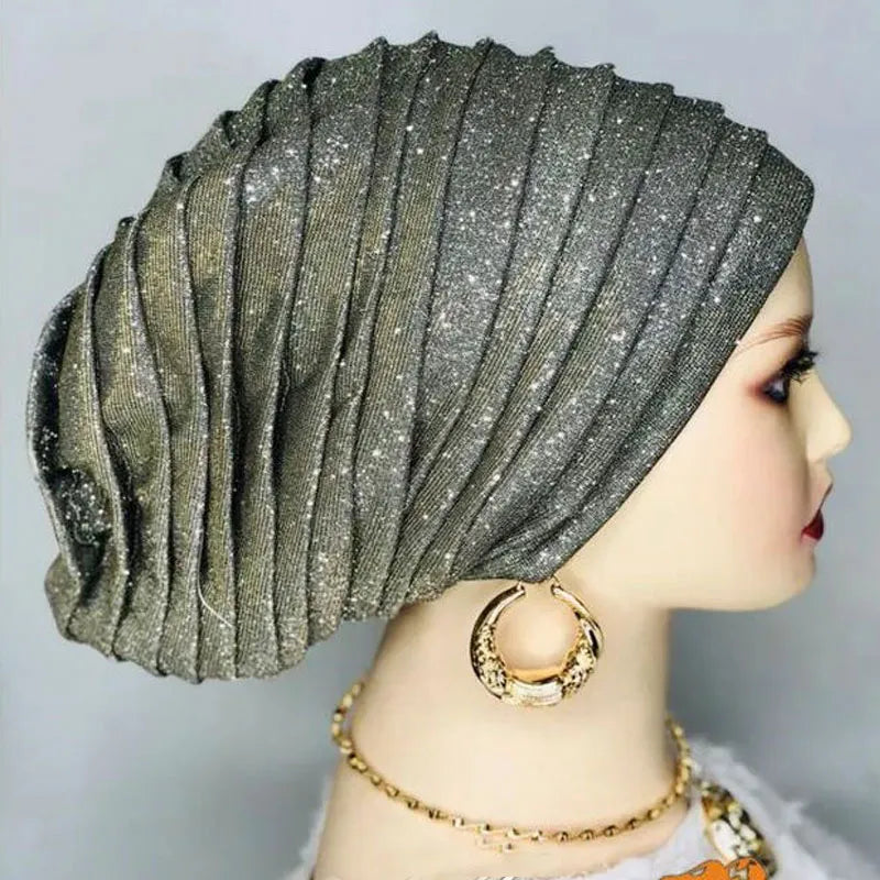 Glitter Pleated African Turban Cap Womens Head Wraps