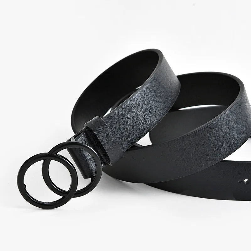 Hot Fashion Double Circle Black Buckle Pu Belt Leisure Decorative Jeans Belt Ladies Solid Color Thin Belt Women’s OO Belts
