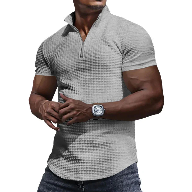 Fashion Waffle Plaid Stand Collar Polo Shirt Men