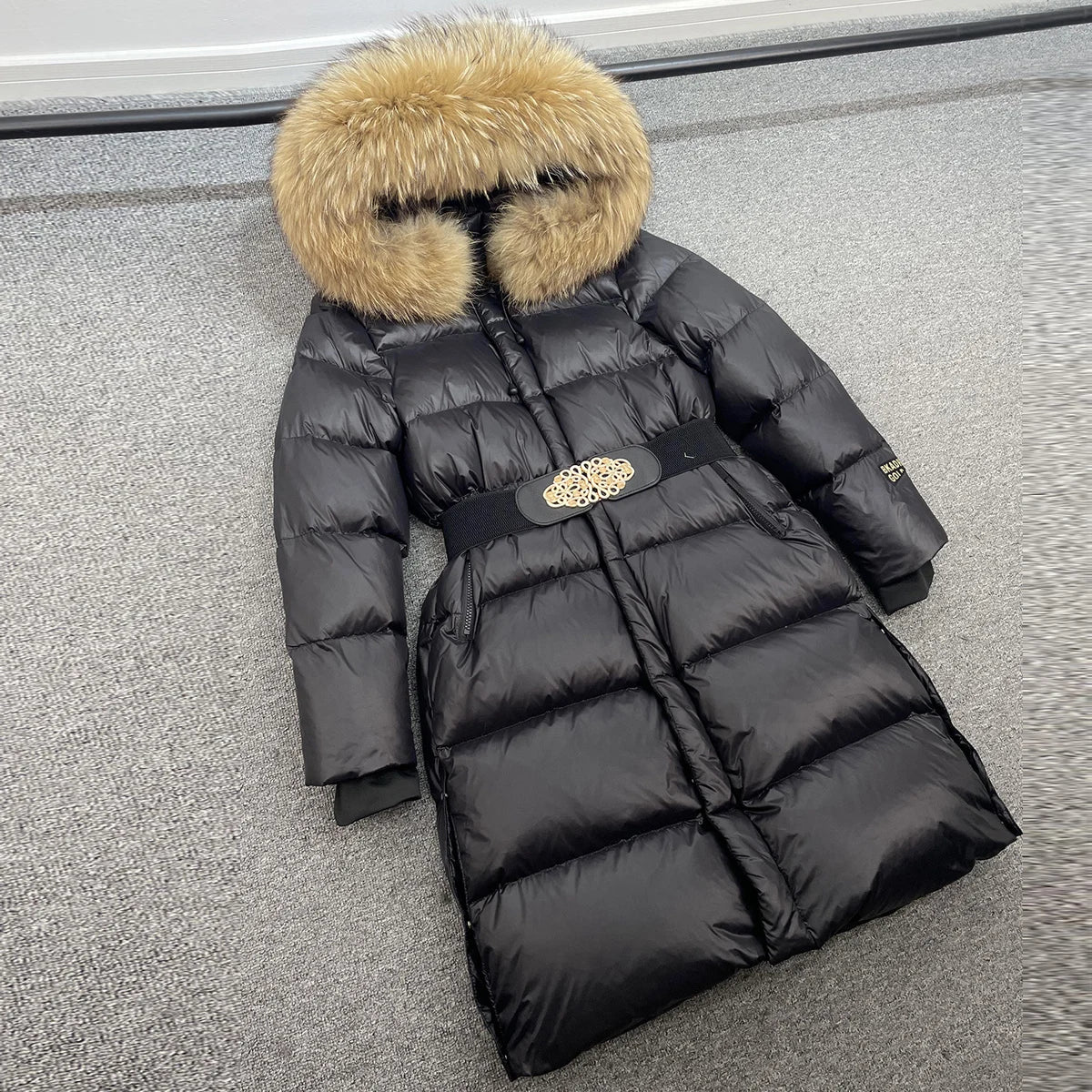 Janveny Large Real Raccoon Fur Hooded Shiny Waterproof