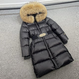 Janveny Large Real Raccoon Fur Hooded Shiny Waterproof