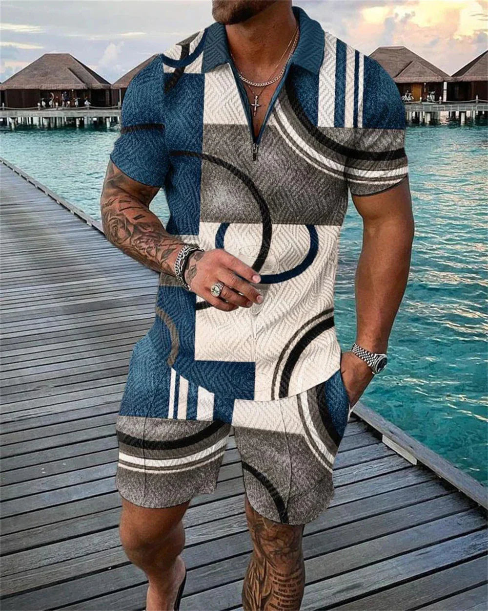 Men's Tracksuit Cotton Solid Color Short Sleeve Zipper