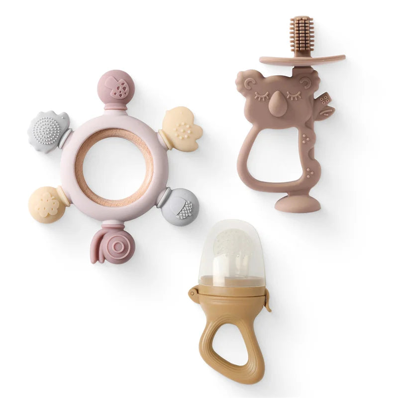 1Set Baby Silicone Koala Training Toothbrush Wooden Ring