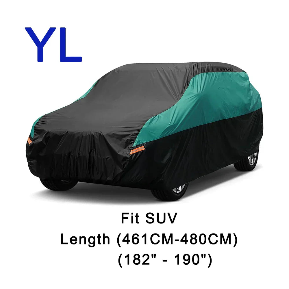 Universal Full Car Covers Outdoor Waterproof Sun Rain Snow UV Protection Black Green Splicing Color Cover Fit SUV/Sedan/Hatchbac