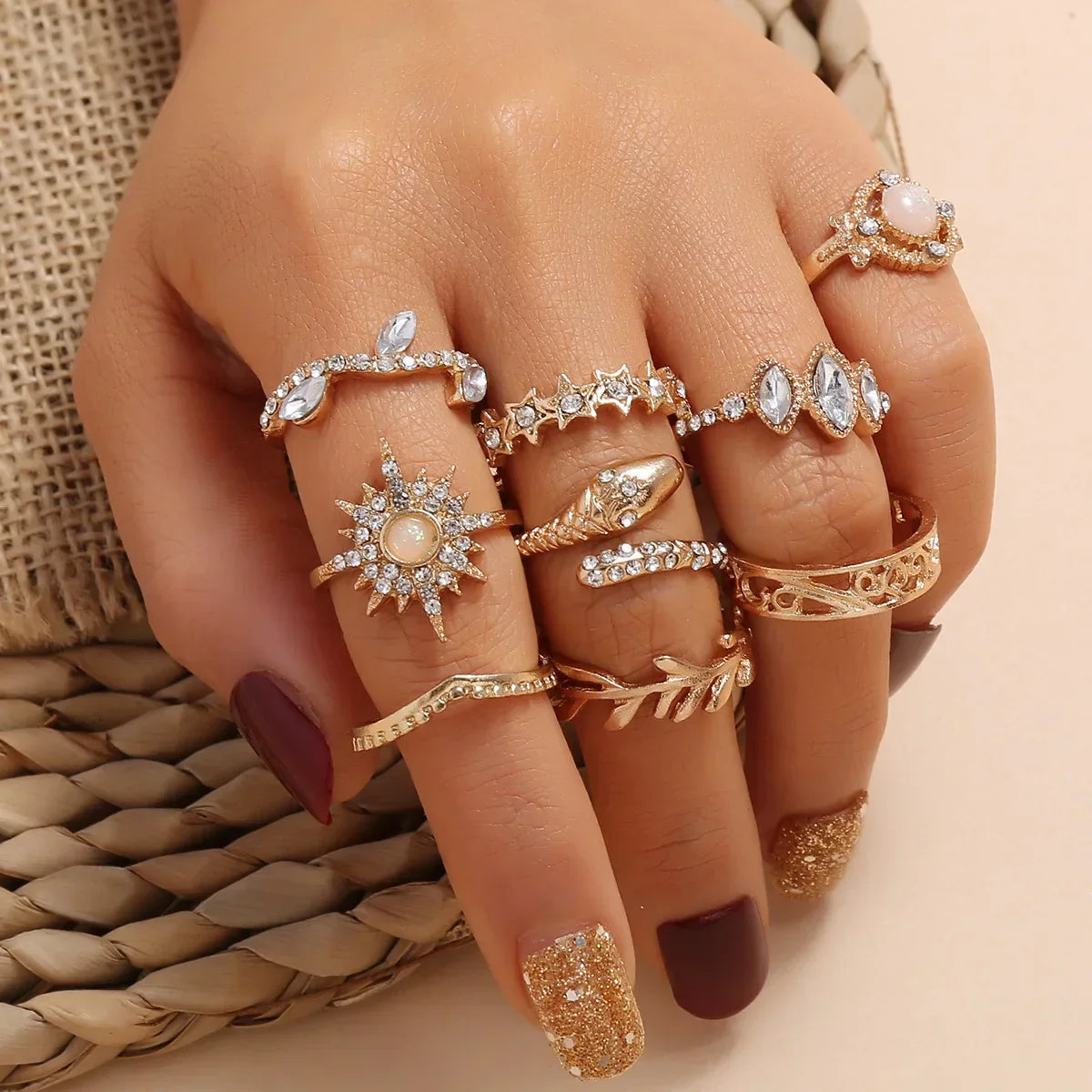 Fashion Green Crystal Knuckle Finger Rings Set For