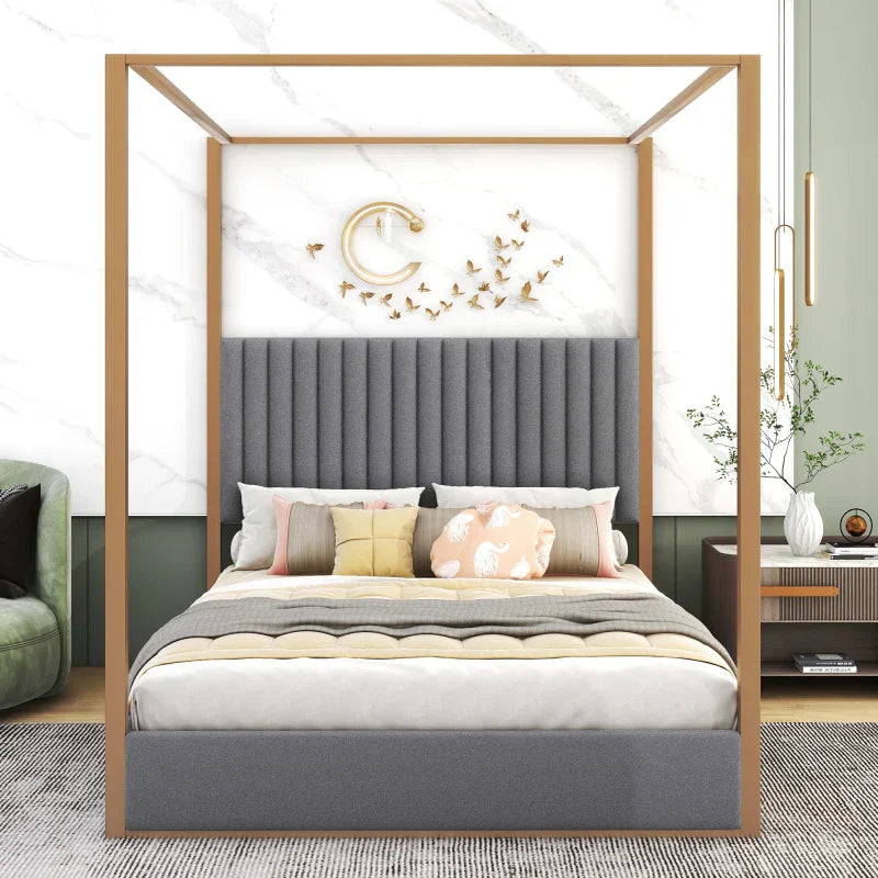 Queen Size Upholstery Canopy Platform Bed with Headboard and Metal Frame，Adult and adolescent double bed,single bed，marriage bed