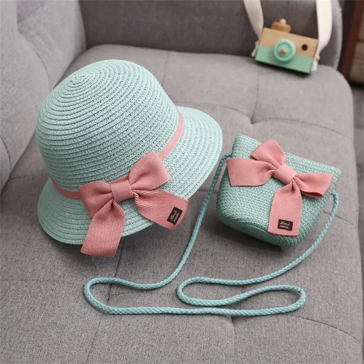 2pcs Set Summer Straw Hat With Bag For