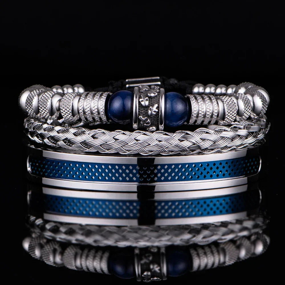 3pcs Set Men Bracelet Stainless Steel Handmade Rope