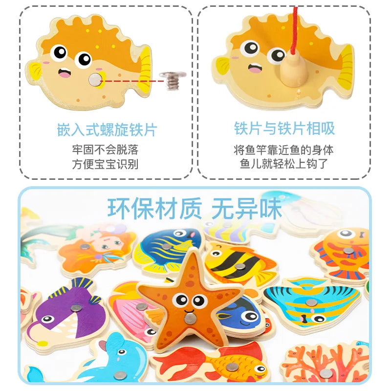 Wooden Magnetic Fishing Toys Baby Cartoon Marine Life