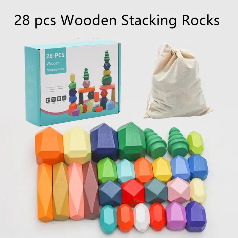 Montessori Rainbow Wooden Stone Stacking Blocks Stapelstenen Balans
