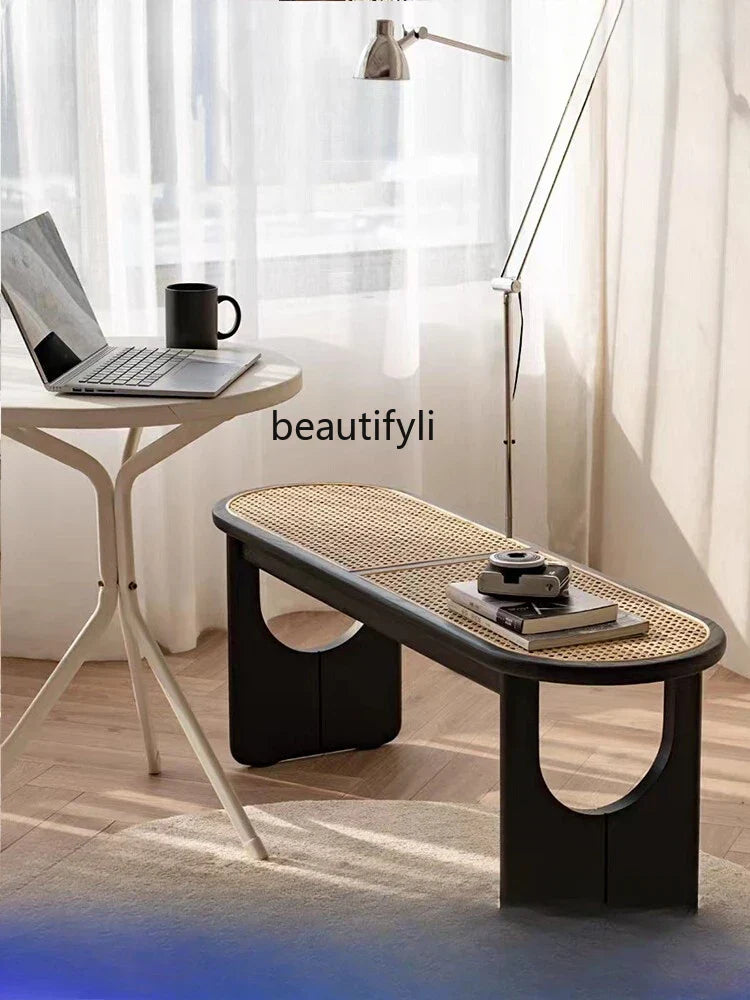 Nordic Solid Wood Rattan Shoes Changing Bench Log