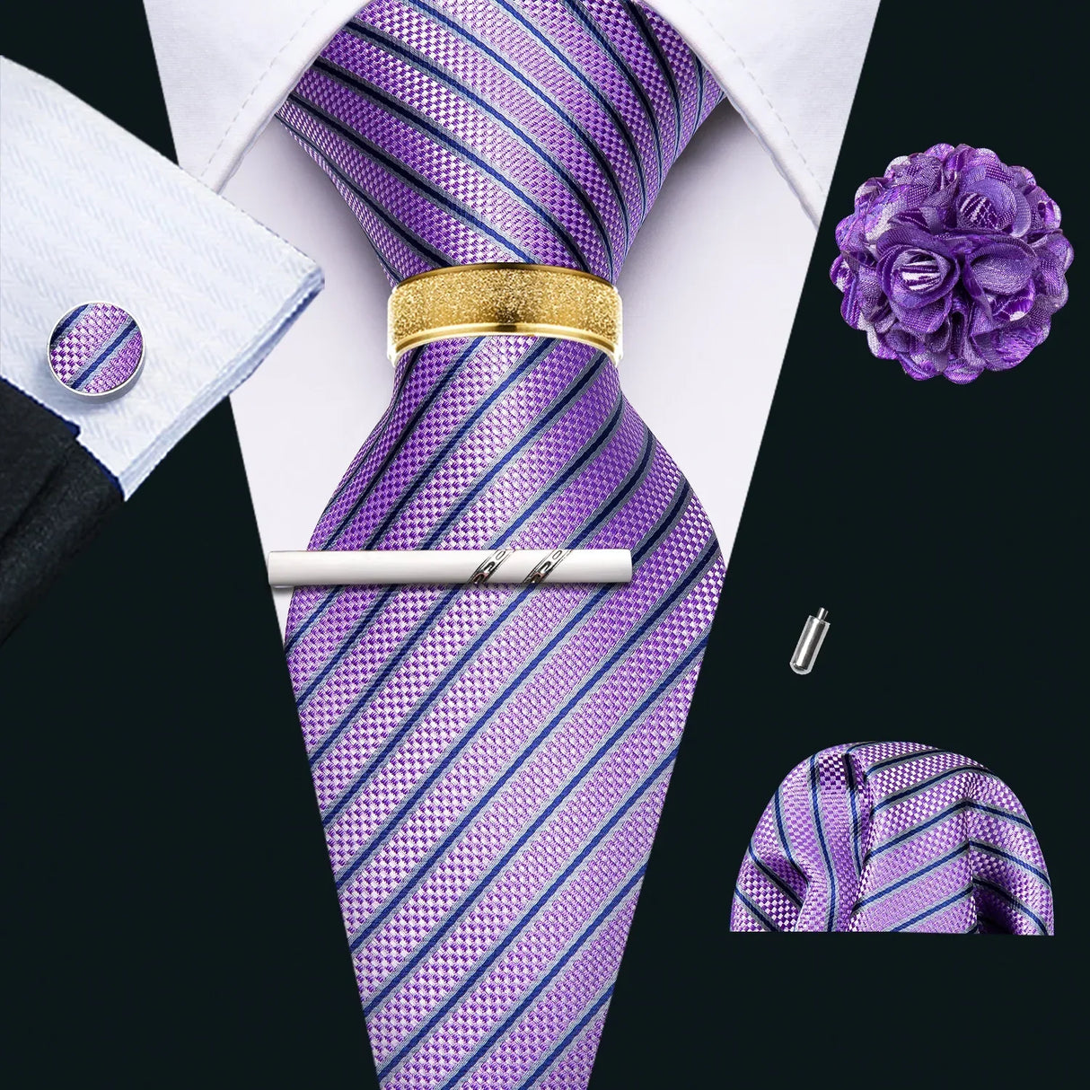 Barry.Wang Silk Mens Tie Hanky Cufflinks Clip Brooch